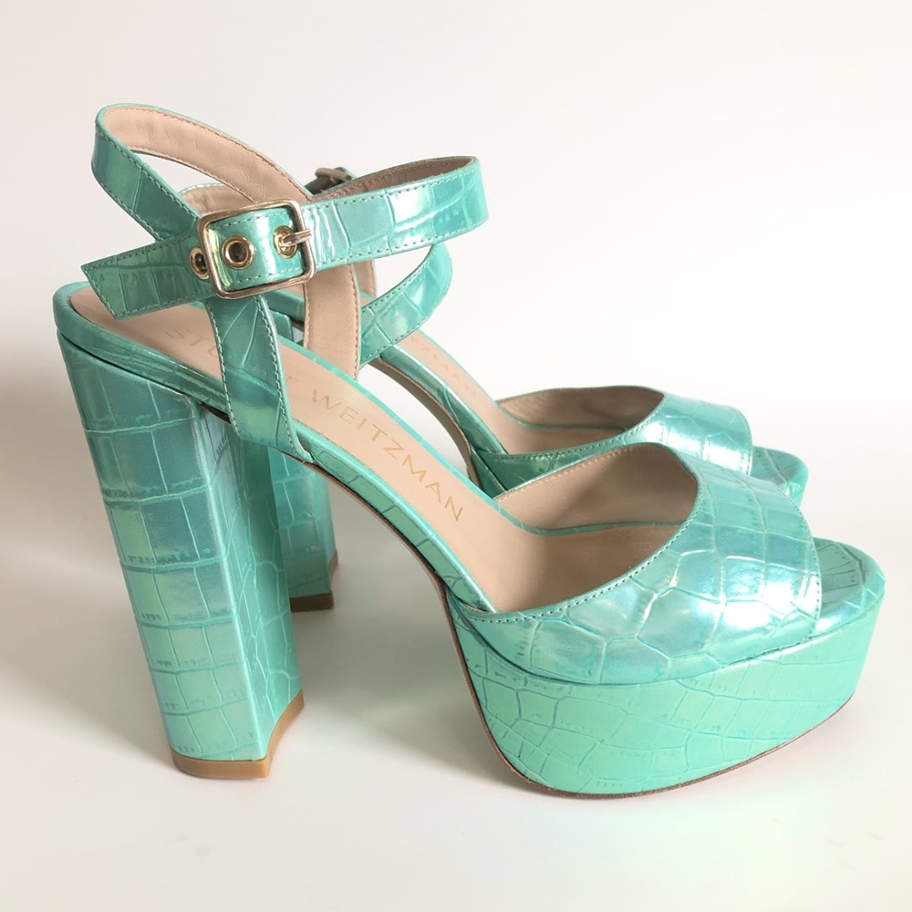 Green Capri Ice Iridescent Soft Crocodile Embossed Platform Heel Block Sandals